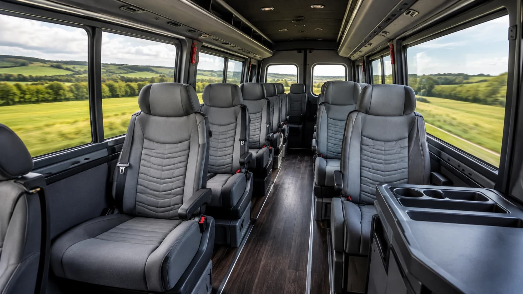 Interior de uma van com poltronas amplas e janelas panorâmicas durante uma viagem pelo campo