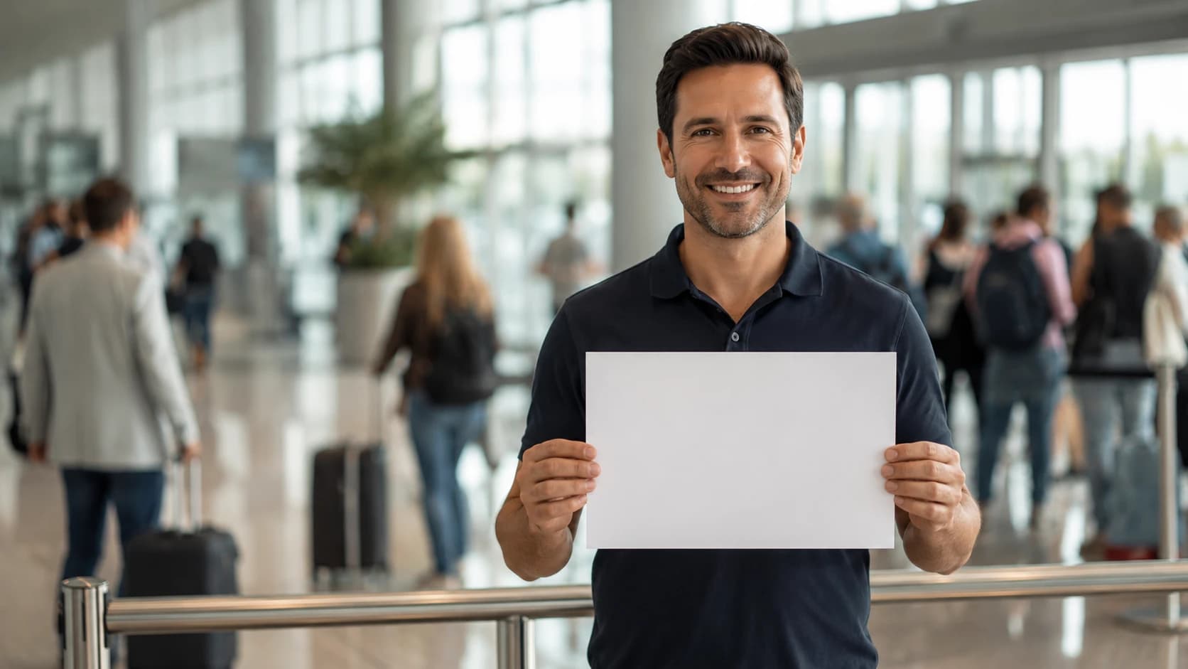 Motorista aguardando no desembarque do aeroporto com uma placa para receber os passageiros